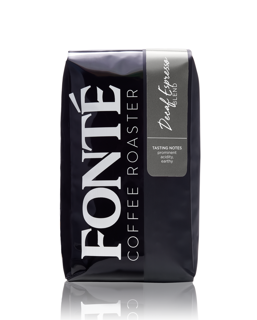 Buy Fonte Decaf Espresso Coffee Blend Available as Whole Bean, French Press, Drip, Melitta, Home Espresso, Commercial Espresso, and Turkish, and Weekly, Biweekly, Monthly or Bimonthly Subscriptions 

