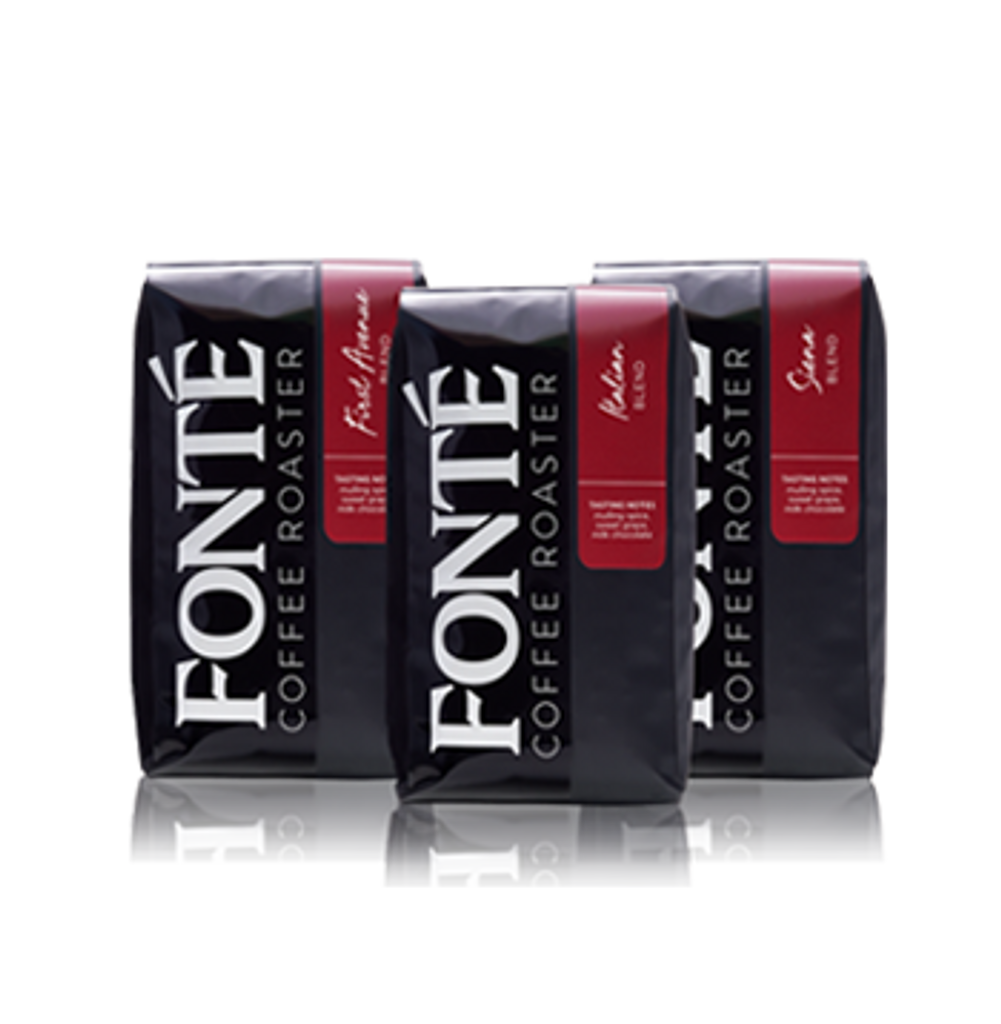Each Gift Trio Box Contains 3 of Fonte's Best-Selling Coffee Blends in 12oz. bags! First Ave, Bright Lemon, Earthy Tobacco, Bittersweet Chocolate, Italian, Top Seller, Earthy, Spicy, and Berry,Siena, Dry, Sweet Citrus, Smoky Caramel Tasting Notes