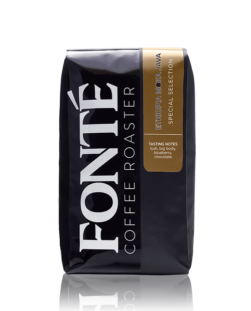 Fonte Ethiopia Moka Java 2022 12 oz bag full of roasted coffee.
