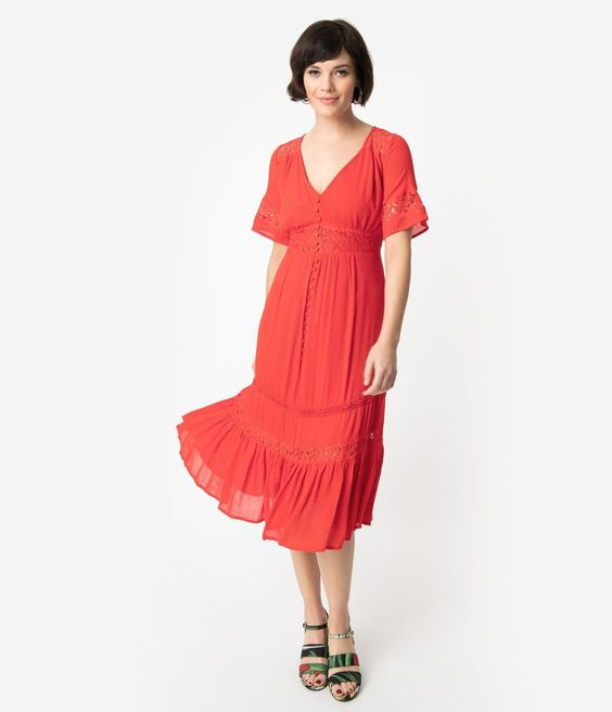 red lace midi dress