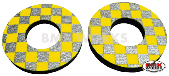 ProBMX Flite Style BMX Bicycle Foam Grip Donuts - Checker Silver & Yellow