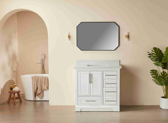 White 36-inch bathroom vanity with Carrara-style marble countertop and integrated sink