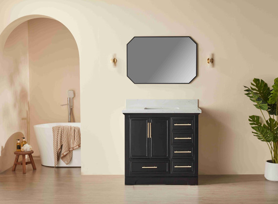 Black 36-inch bathroom vanity cabinet with Carrara-style marble countertop and integrated sink