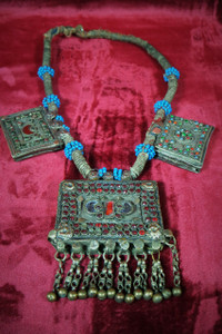 Ornate Vintage Afghan Bedouin Necklace with 3 Box Pendants