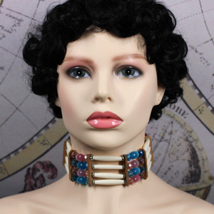 Glass Bead, Bone, and Leather Choker Necklace