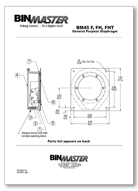 BM-45 F, FH, FHT Diaphragm Parts List Cover 