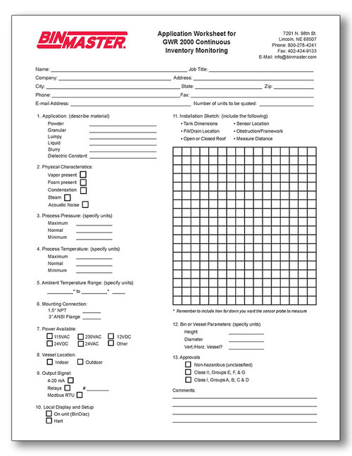 Guided Wave Radar 2000 Application Worksheet