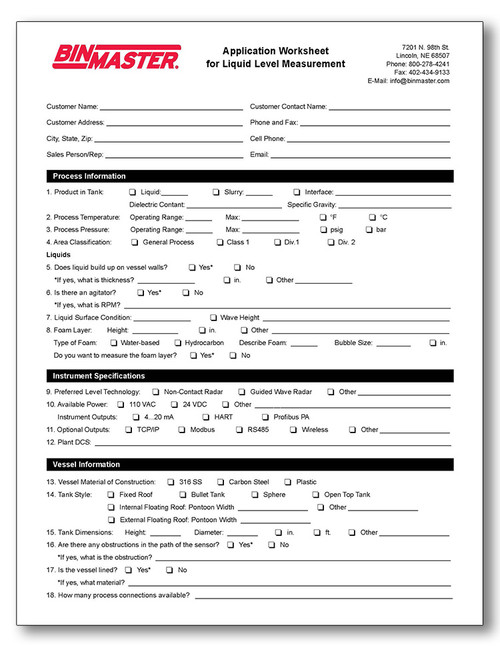 Liquid Level Application Worksheet
