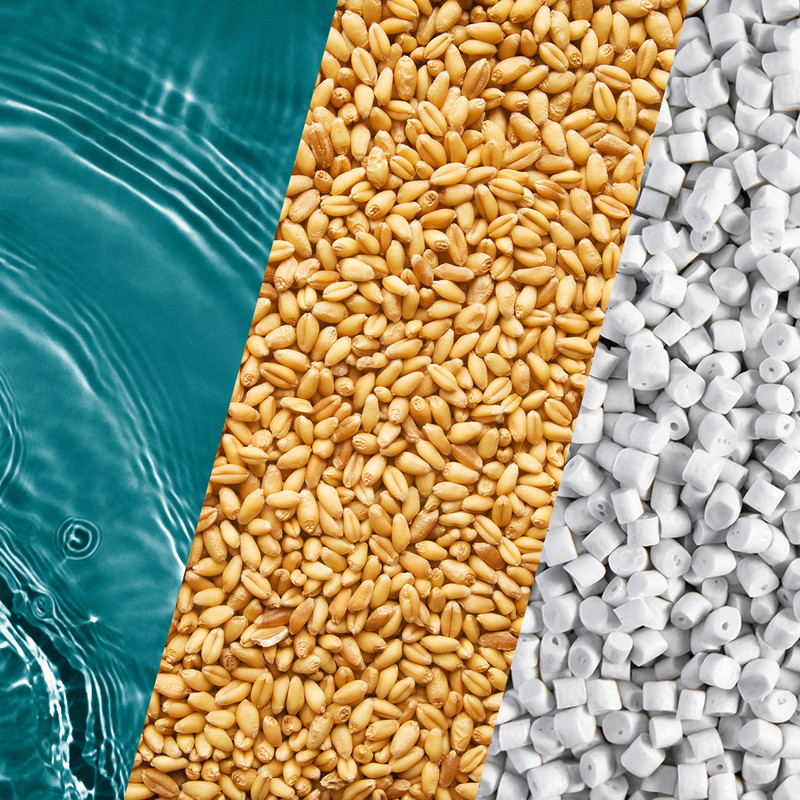 Left to right: water has a high dielectric constant, grains and powders have a moderate constant, and lightweight pellets or materials have the lowest