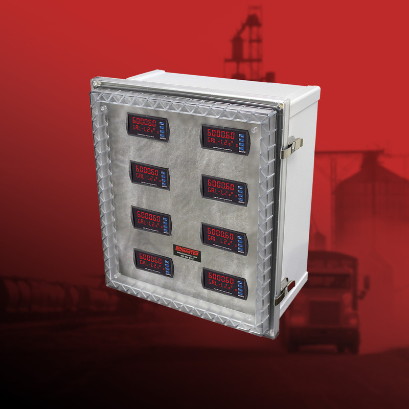 Up to 8 digital panel meter displays can be displayed in one BinMaster point-level alarm panel enclosure