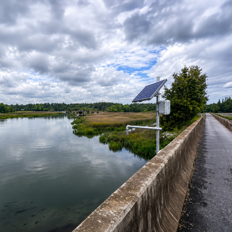 Senix ultrasonic sensor installed above a river to monitor water levels and identify flood trends