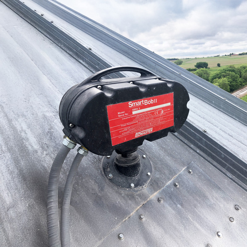 SmartBob II Remote installed atop a tall storage bin to measure bulk solids, powdered material, liquids, or submersible solids within