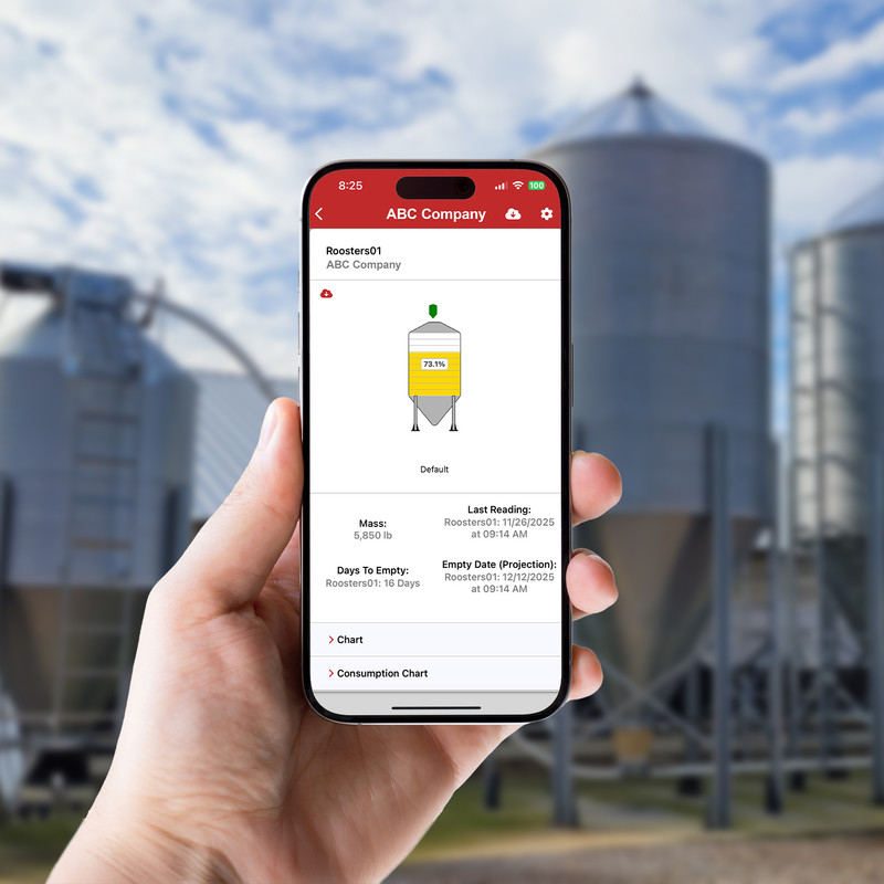 The BinCloud mobile app is compatible with BinTrac load cell modules for remote monitoring of feed bins and to track remaining bulk materials