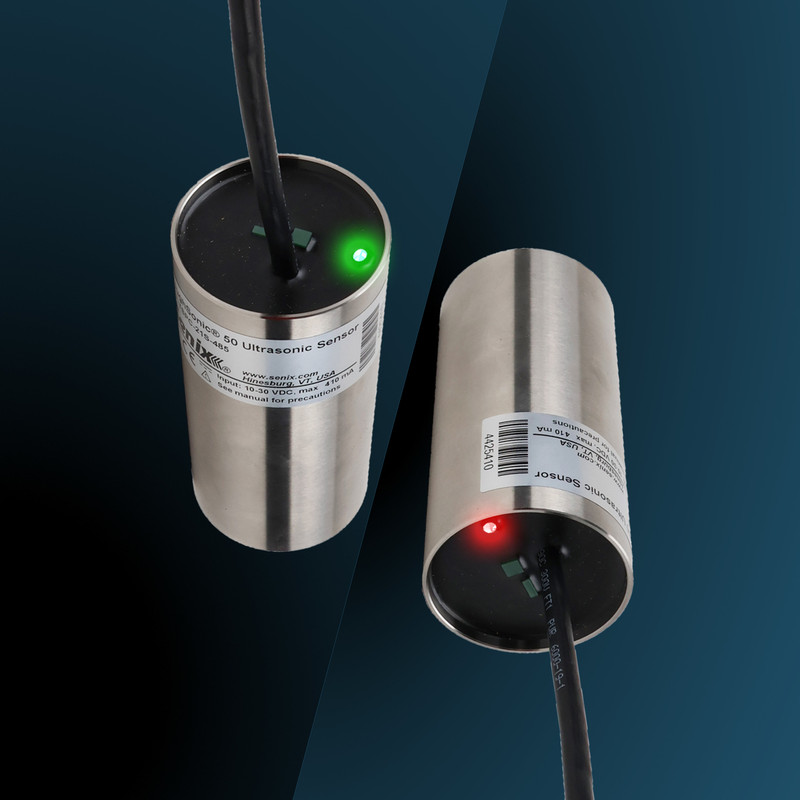 TS-100 general-purpose sensors have a status indicator light that illuminates green for received echoes or red for loss of target echo