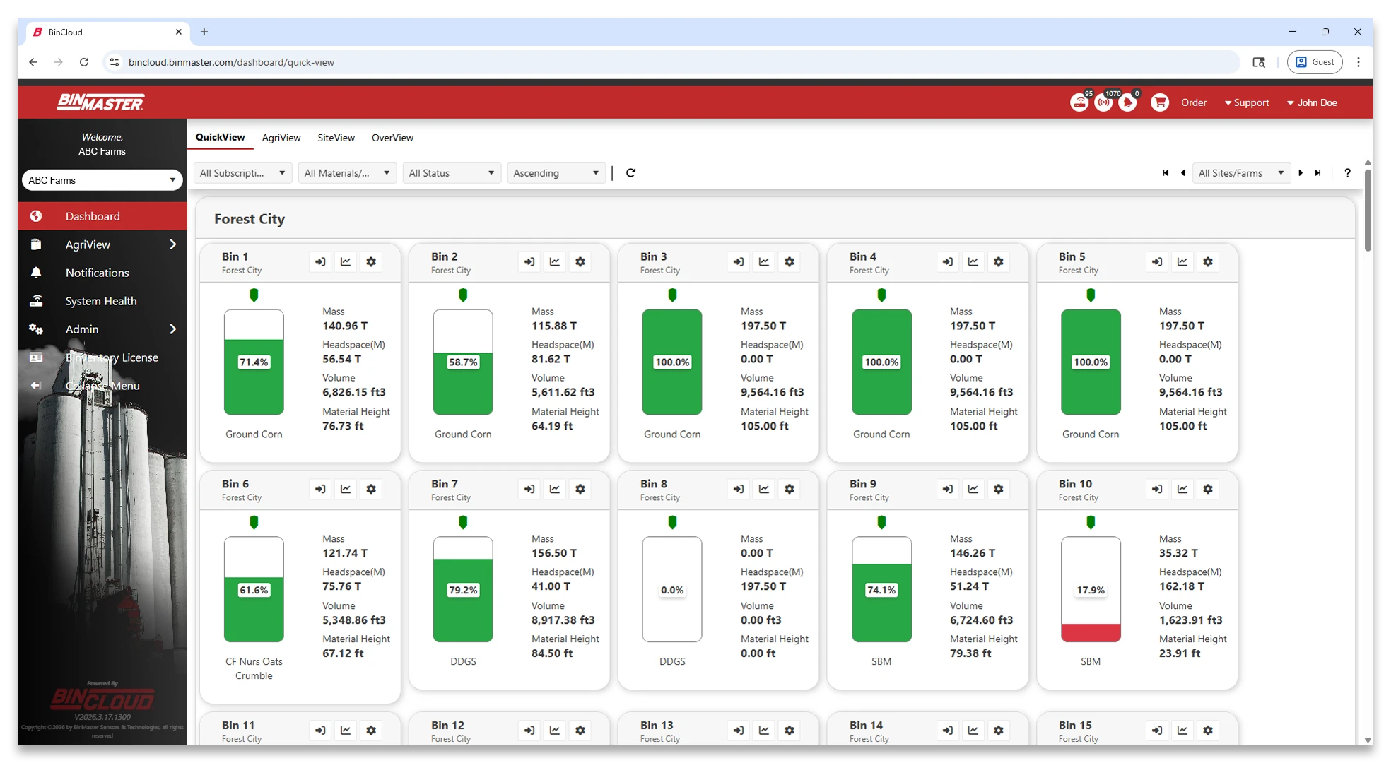 A glimpse into the QuickView interface within AgriView inventory management software, displaying all bin levels in one place