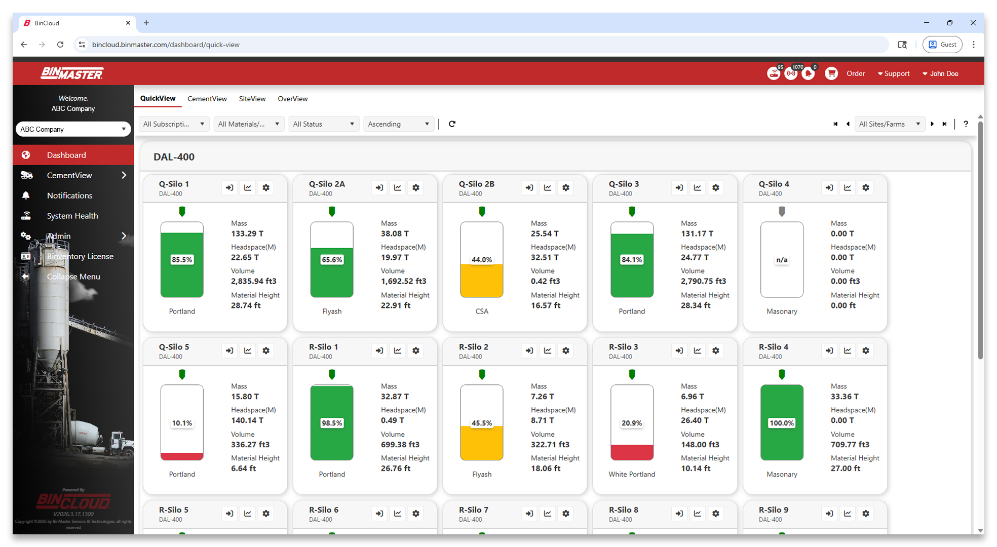 QuickView dashboard on CementView software, offering visibility into several storage silos throughout a concrete plant