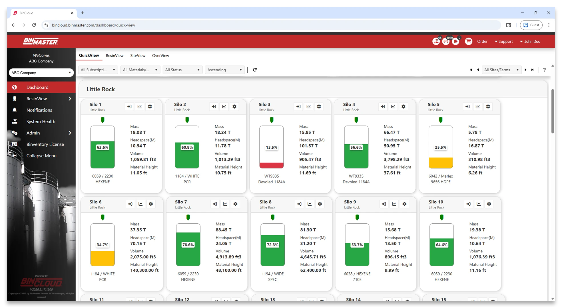 A screenshot of the QuickView interface within the ResinView dashboard, displaying all plastic resin silos at a worksite and their current level readings