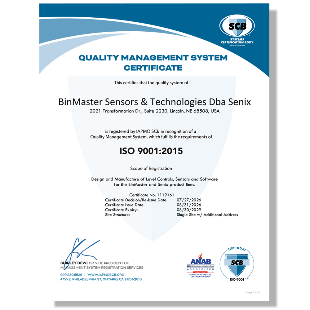 BinMaster Sensors and Technologies LLC ISO 9001:2015 Certificate