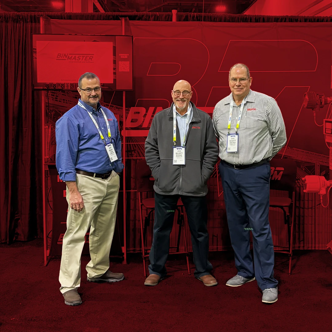 Rich Tavis, Scott Bonine, and Scott Archer, BinMaster Regional Sales Managers, attend the BinMaster trade show booth