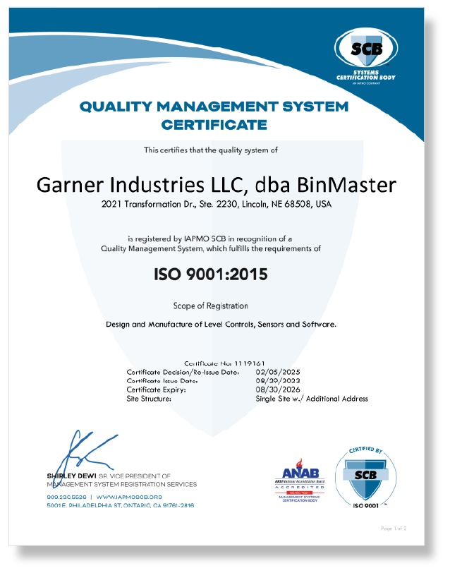 Senix Corporation ISO 9001:2015 Certificate