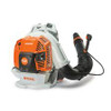 Stihl BR 800 C-E backpack blower clearing leaves with side-start feature Stihl BR 800 C-E backpack blower clearing leaves with side-start feature