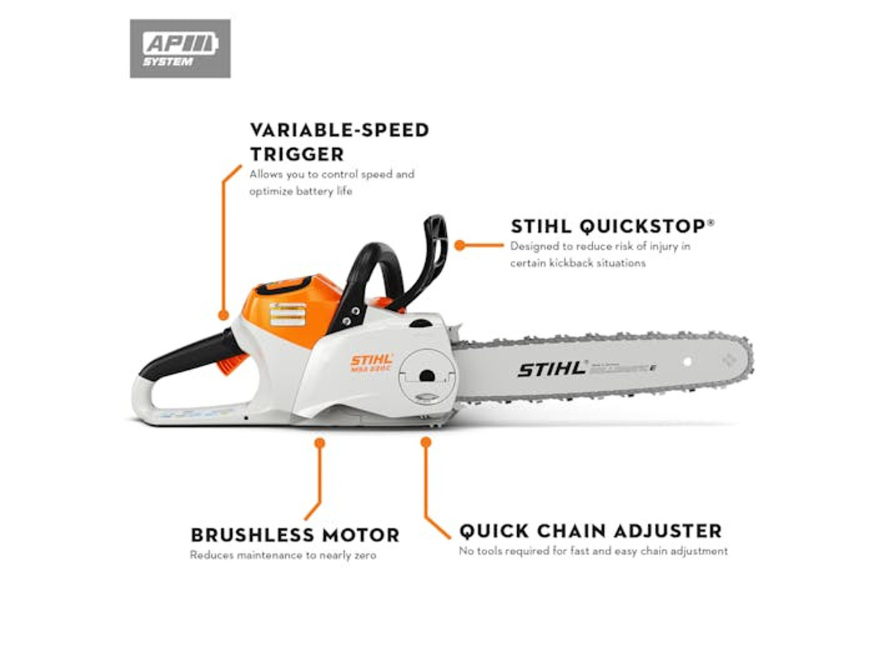 STIHL CHAINSAW MSA 220 C-B W/ 16" BAR - W/O BATTERY & CHARGER STIHL CHAINSAW MSA 220 C-B W/ 16" BAR - W/O BATTERY & CHARGER