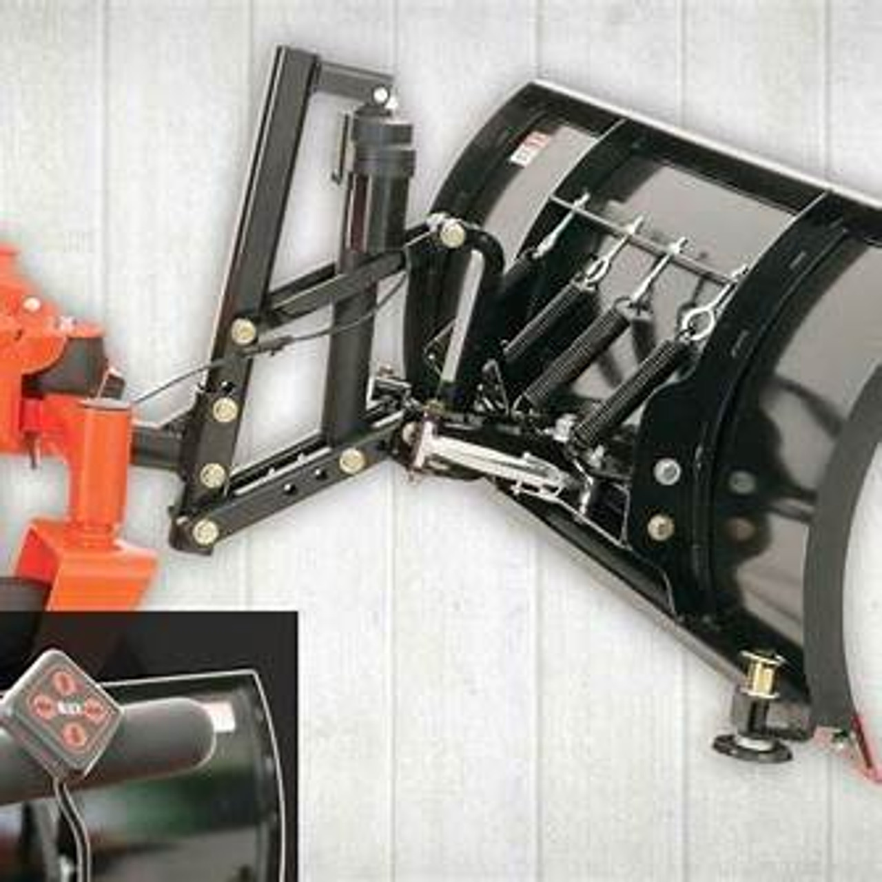 Close-up of the electric lift motor and blade of 72″ snow plow