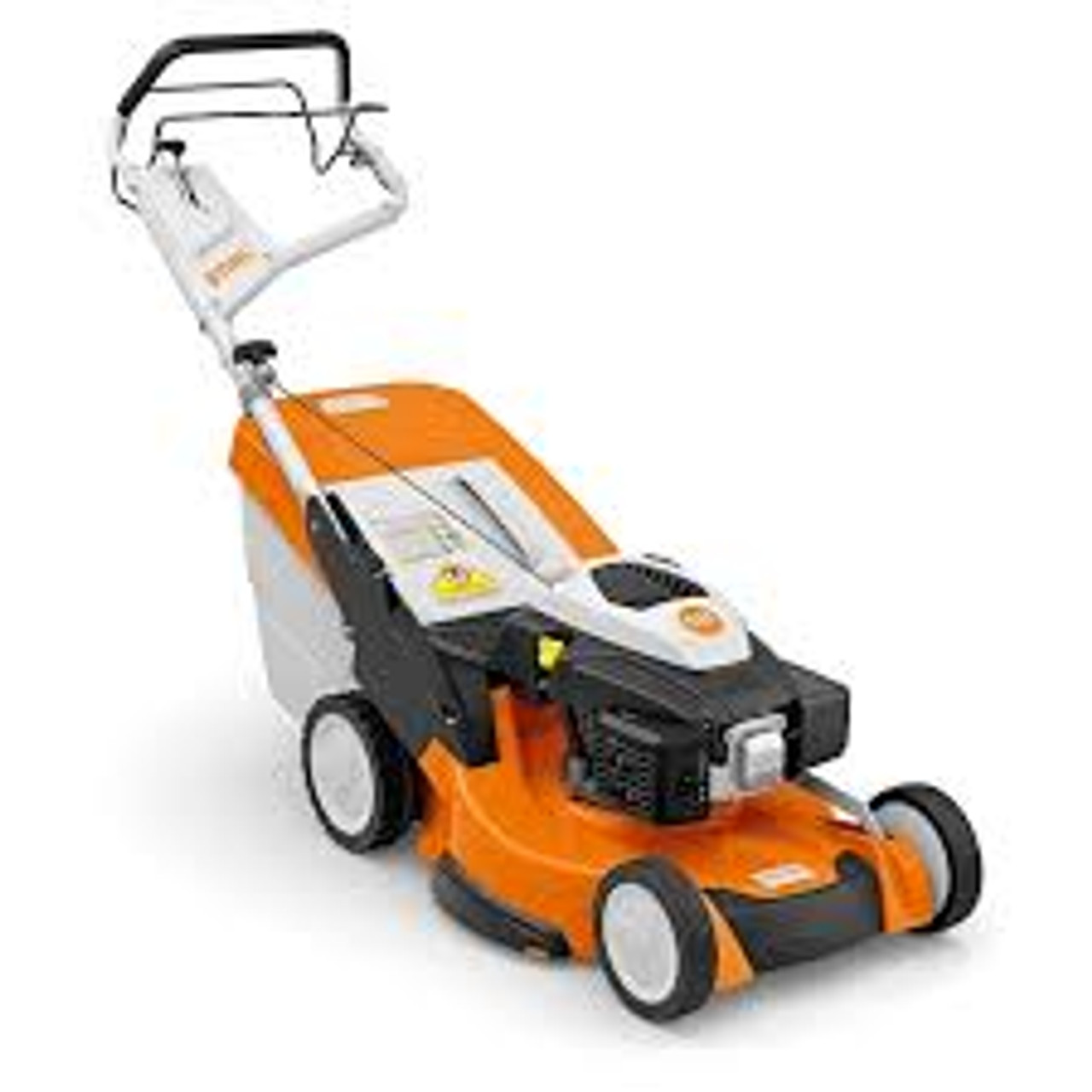 Side view of Stihl RM 655 V with large 70-liter grass catcher