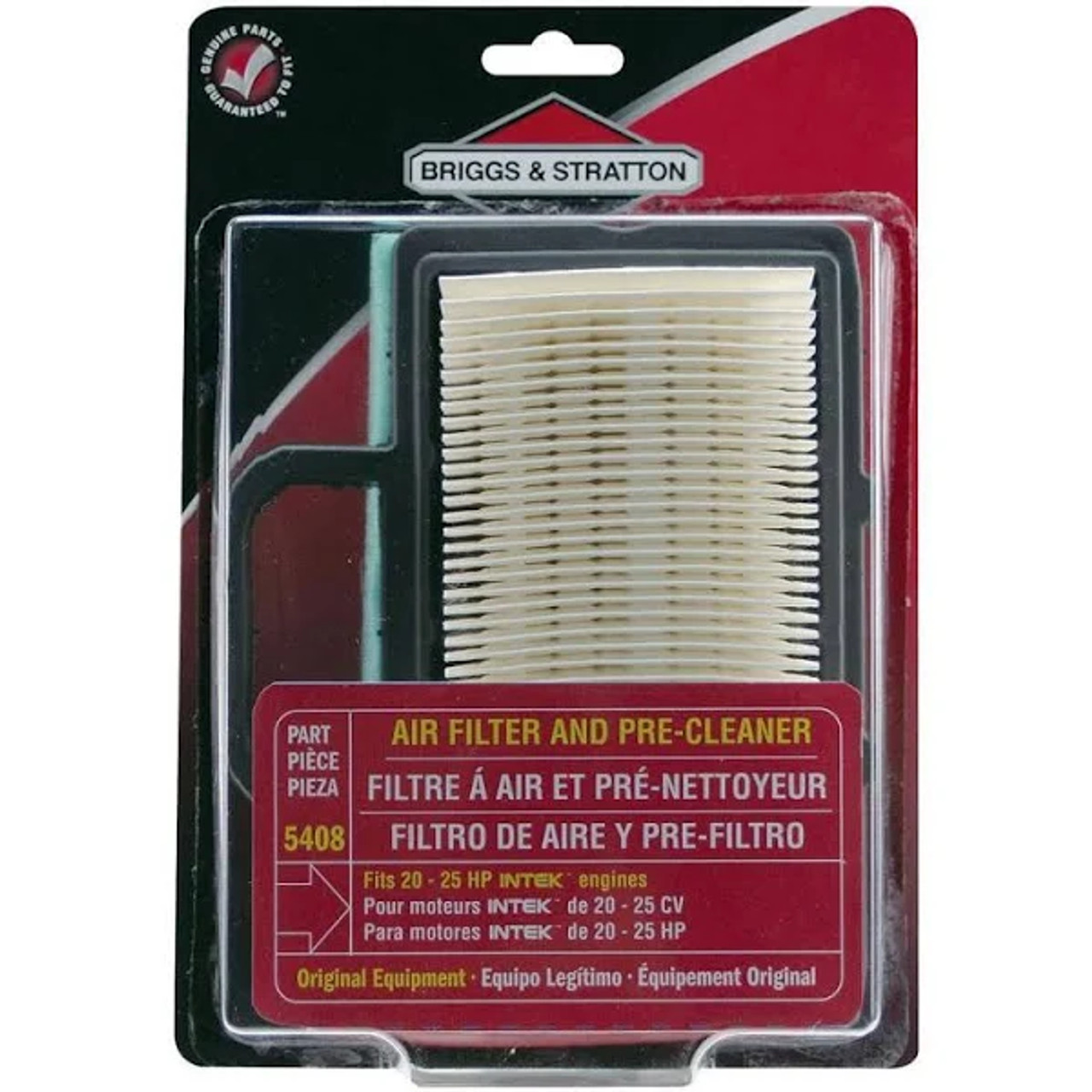 Replaces Briggs and Stratton Service Part #792101 (Air Filter) and #273638S (Pre-Cleaner)
For 16 through 27 Horsepower Intek V-twin Engines
Genuine Briggs and Stratton Part
