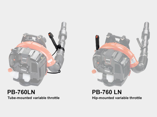 Close-up of Echo PB-760 backpack blower with tube-mounted throttle