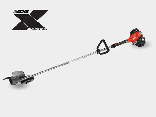 Close-up of Echo PE-2620 edger blade and guide wheel in action
