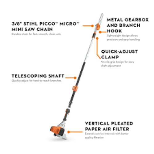 Professional-grade telescoping pole saw cutting thick limbs