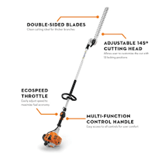 Landscaper using Stihl HL 94 K adjustable hedge trimmer in garden