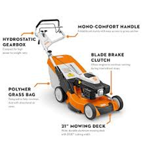 Professional landscaper using Stihl RM 655 YS self-propelled mower