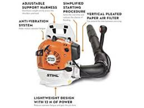 Homeowner using Stihl BR 200 lightweight blower on lawn Homeowner using Stihl BR 200 lightweight blower on lawn