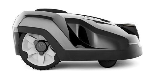 Close-up of Husqvarna Automower® 440 iQ showing sleek design, durable wheels, and quiet battery-powered operation Close-up of Husqvarna Automower® 440 iQ showing sleek design, durable wheels, and quiet battery-powered operation