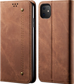 Cubix Denim Flip Cover for Apple iPhone 11 Case Premium Luxury Slim Wallet Folio Case Magnetic Closure Flip Cover with Stand and Credit Card Slot (Brown)