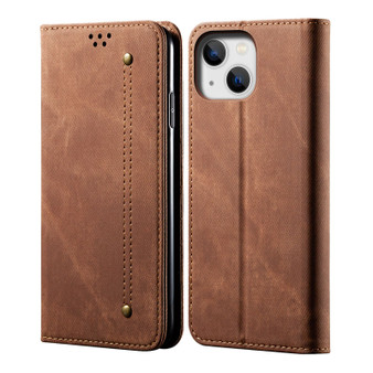 Cubix Denim Flip Cover for Apple iPhone 14 Case Premium Luxury Slim Wallet Folio Case Magnetic Closure Flip Cover with Stand and Credit Card Slot (Brown)