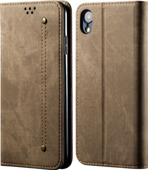 Cubix Denim Flip Cover for Apple iPhone XR Case Premium Luxury Slim Wallet Folio Case Magnetic Closure Flip Cover with Stand and Credit Card Slot (Khaki)