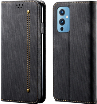Cubix Denim Flip Cover for OnePlus 9 Case Premium Luxury Slim Wallet Folio Case Magnetic Closure Flip Cover with Stand and Credit Card Slot (Black)