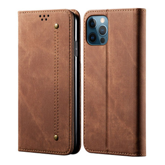 Cubix Denim Flip Cover for Apple iPhone 12 Pro / iPhone 12 (6.1 Inch) Case Premium Luxury Slim Wallet Folio Case Magnetic Closure Flip Cover with Stand and Credit Card Slot (Brown)