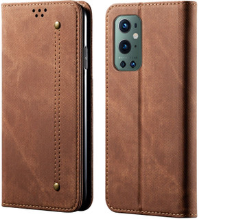Cubix Denim Flip Cover for OnePlus 9 Pro Case Premium Luxury Slim Wallet Folio Case Magnetic Closure Flip Cover with Stand and Credit Card Slot (Brown)
