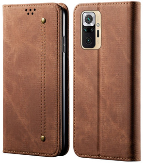 Cubix Denim Flip Cover for Redmi Note 10 Pro / Pro Max Case Premium Luxury Slim Wallet Folio Case Magnetic Closure Flip Cover with Stand and Credit Card Slot (Brown)