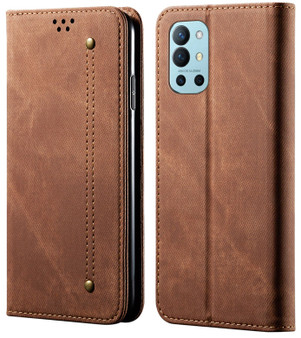 Cubix Denim Flip Cover for OnePlus 9R Case Premium Luxury Slim Wallet Folio Case Magnetic Closure Flip Cover with Stand and Credit Card Slot (Brown)