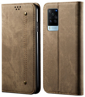 Cubix Denim Flip Cover for vivo X60 Pro Case Premium Luxury Slim Wallet Folio Case Magnetic Closure Flip Cover with Stand and Credit Card Slot (Khaki)