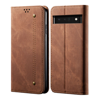 Cubix Denim Flip Cover for Google Pixel 6 Case Premium Luxury Slim Wallet Folio Case Magnetic Closure Flip Cover with Stand and Credit Card Slot (Brown)