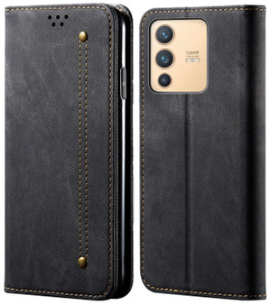 Cubix Denim Flip Cover for Vivo V23 Pro 5G Case Premium Luxury Slim Wallet Folio Case Magnetic Closure Flip Cover with Stand and Credit Card Slot (Black)