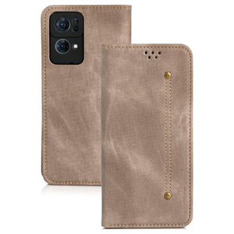 Cubix Denim Flip Cover for Oppo Reno7 Pro 5G Case Premium Luxury Slim Wallet Folio Case Magnetic Closure Flip Cover with Stand and Credit Card Slot (Khaki)