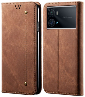 Cubix Denim Flip Cover for IQOO 9 PRO 5G Case Premium Luxury Slim Wallet Folio Case Magnetic Closure Flip Cover with Stand and Credit Card Slot (Brown)