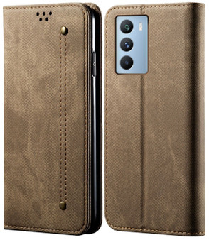 Cubix Denim Flip Cover for IQOO 9 SE 5G Case Premium Luxury Slim Wallet Folio Case Magnetic Closure Flip Cover with Stand and Credit Card Slot (Khaki)